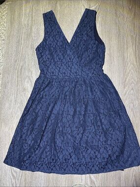 Bloomingdale’s Aqua - Navy Floral Lace V-Neck and V- Back Mini Dress